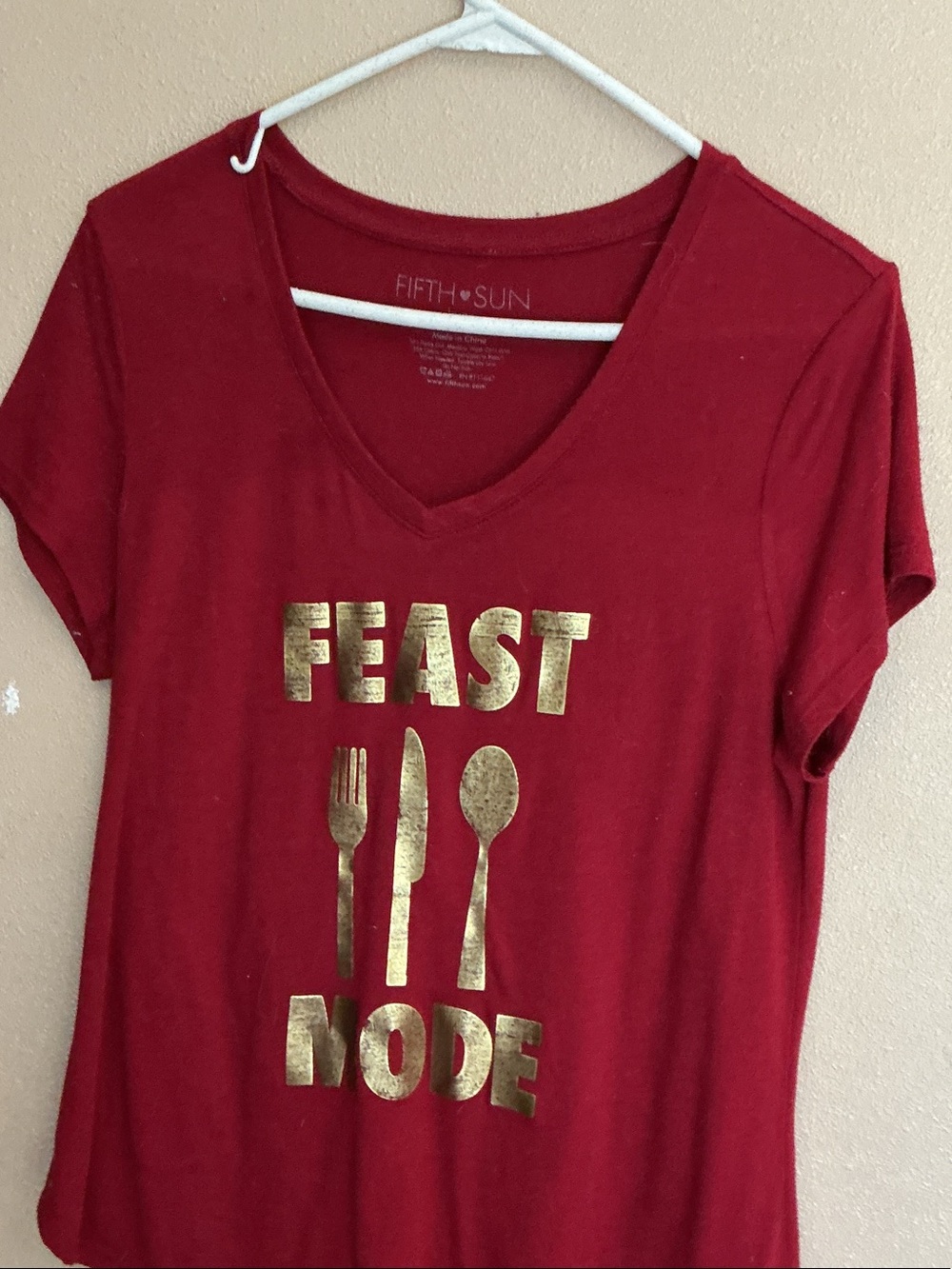 Fifth Sun Red V‑Neck Tee with Gold 'FEAST MODE' Graphic